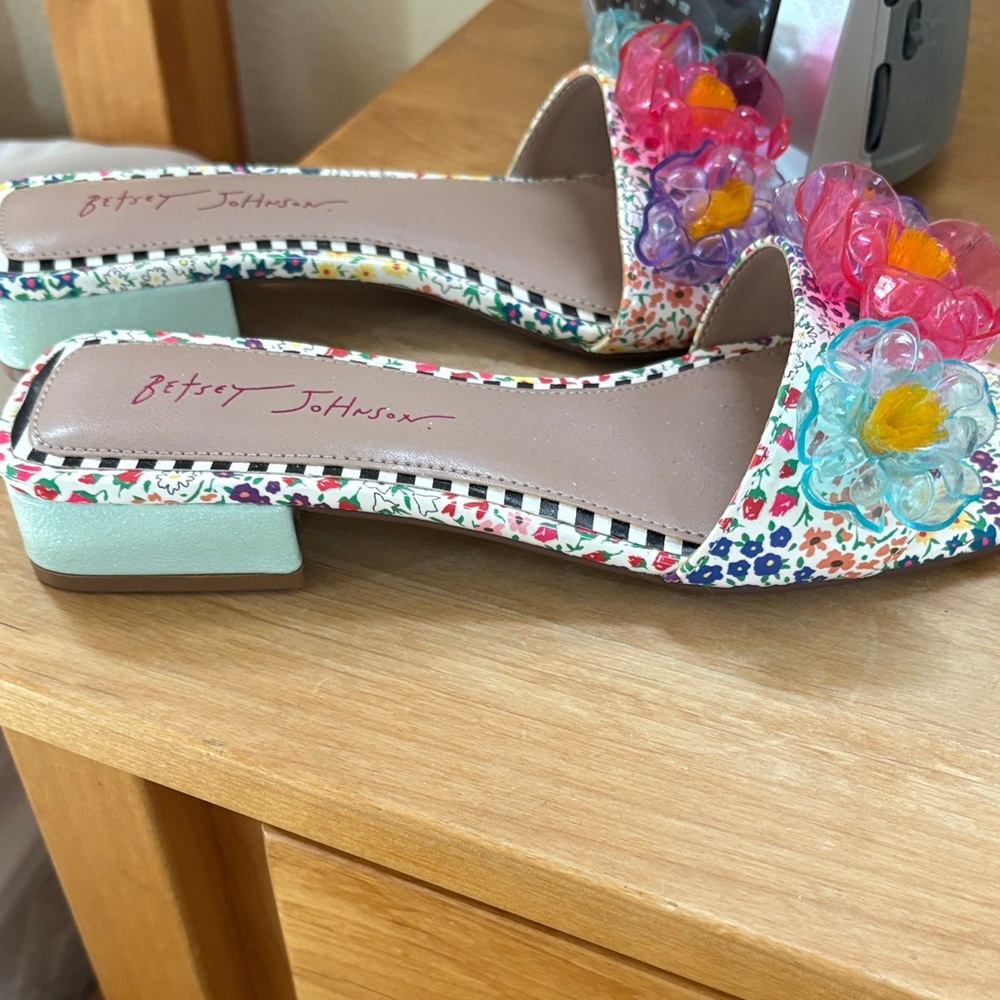 Betsey Johnson Floral Slide Sandals with Pink and Yellow Accents - Picture 4 of 5